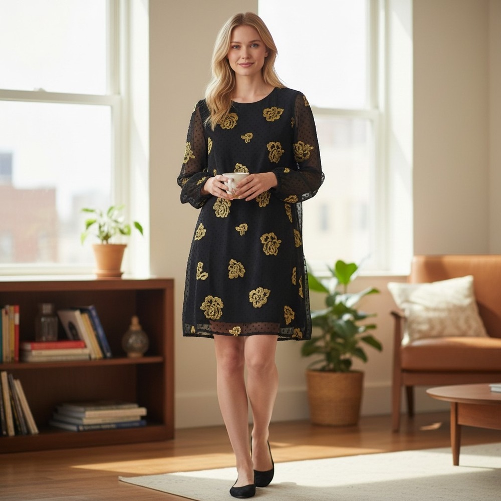 Cabi Occasion Dress Women XS Black NWT Gold Floral Embroidered Lined